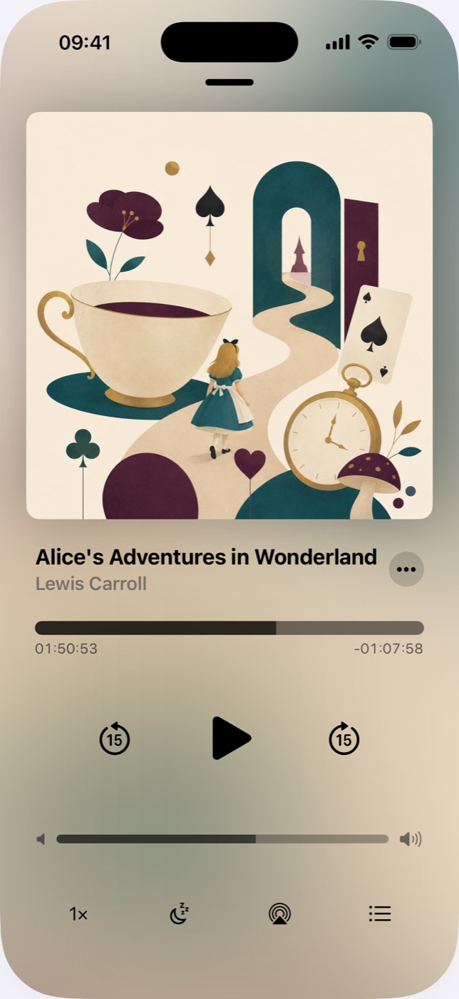 The Audiobooks player on iPhone showing Alice's Adventures in Wonderland